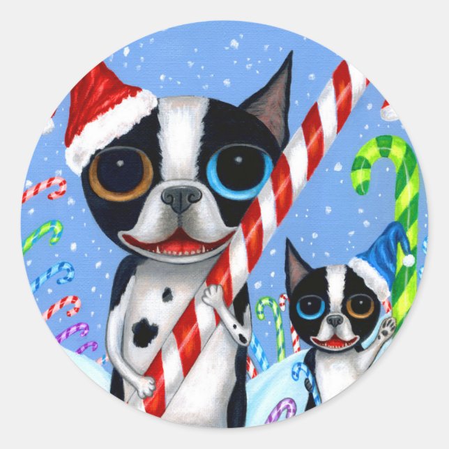 Christmas Boston Terrier Dogs Candy Cane Weihnacht Runder Aufkleber (Vorderseite)