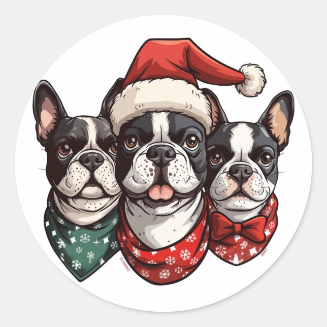 Christmas Boston Terrier Dogs Runder Aufkleber (Vorderseite)