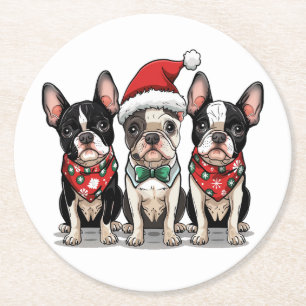 Christmas Boston Terrier Dogs Runder Pappuntersetzer