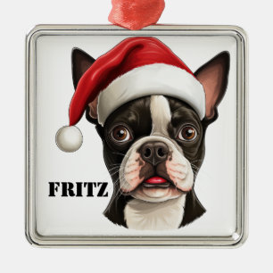 CHRISTMAS BOSTON TERRIER HUND MIT WEIHNACHTSMANNMÜ ORNAMENT AUS METALL