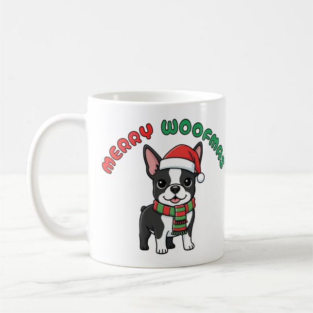 Christmas Boston Terrier Tasse: Fröhliche Woofmas Kaffeetasse (Links)
