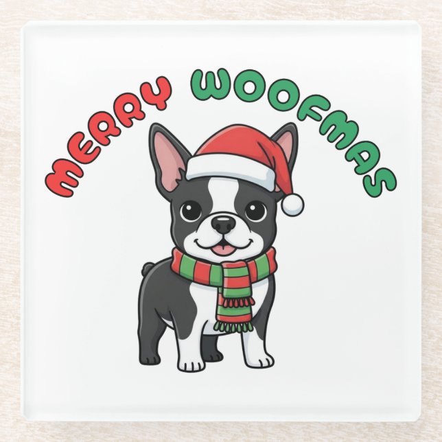 Christmas Boston Terrier Untersetzer: Fröhliche Wo Glasuntersetzer (Vorderseite)