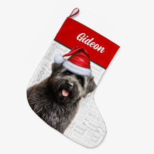 Christmas Bouvier Dog mit dem Namen Woof Backgroun Großer Weihnachtsstrumpf