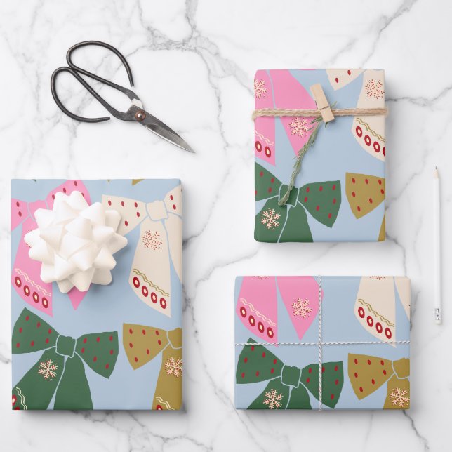 Christmas Bows Coquette Blue Geschenkpapier Set (Vorderseite)