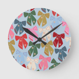 Christmas Bows Coquette Blue Runde Wanduhr