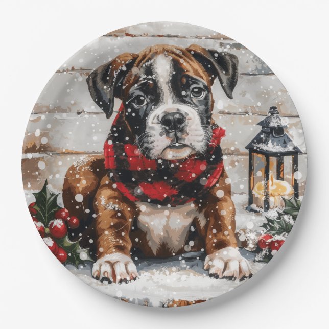 Christmas Boxer Puppy Pappteller (Vorderseite)