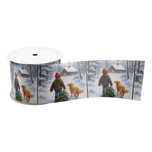 Christmas Boy Dragging an Evergreen Tree Home Satinband (Spule)