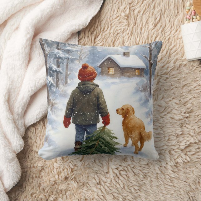 Christmas Boy In Snowflakes With Pine Tree and Dog Kissen (Decke)