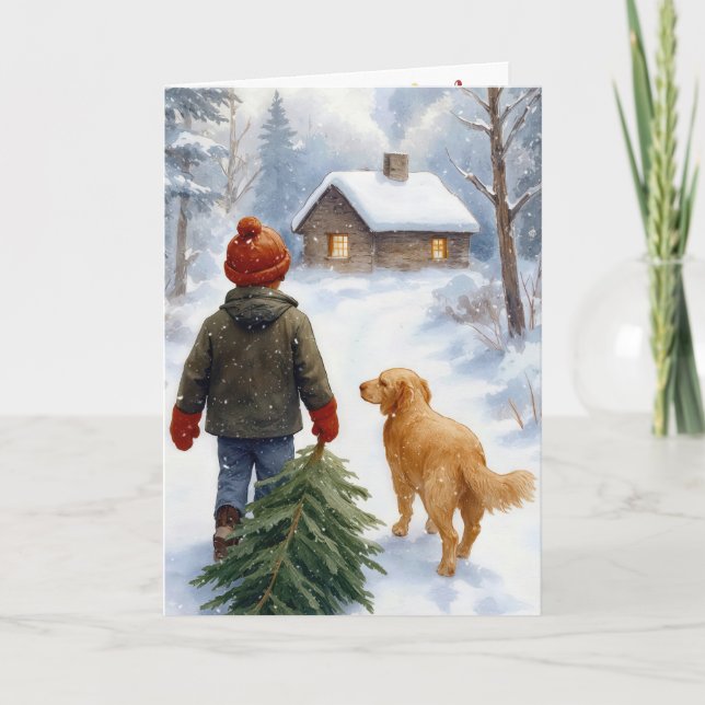 Christmas Boy With Pine Tree and Dog Karte (Vorderseite)