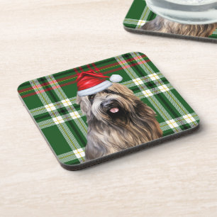 Christmas Briard Shepherd Dog Green Kariert Holida Getränkeuntersetzer