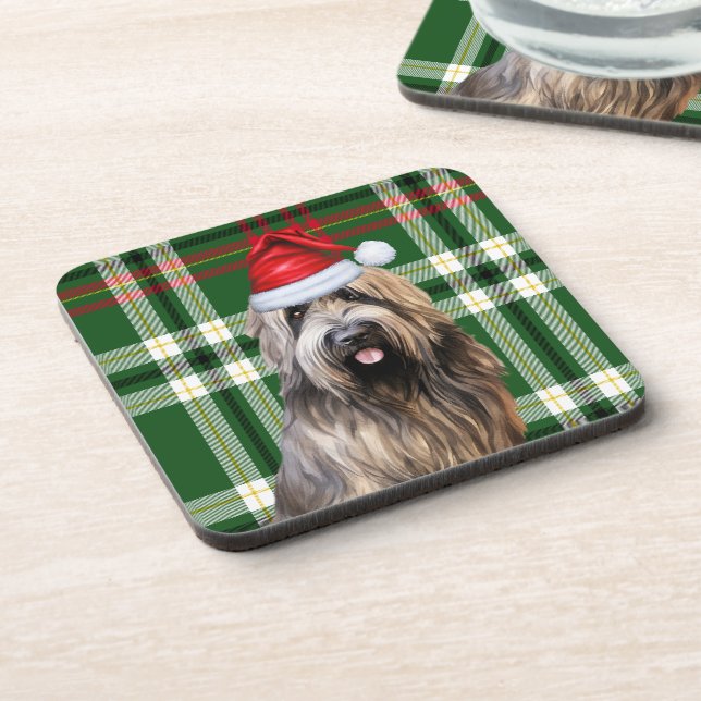 Christmas Briard Shepherd Dog Green Kariert Holida Getränkeuntersetzer (Linke Seite)