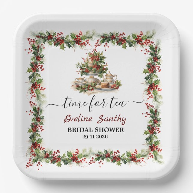 Christmas Bridal Shower holly Tea Time Party  Pappteller (Vorderseite)