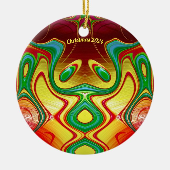 CHRISTMAS Bright Yellow Red Green 2024 Keramik Ornament (Vorne)