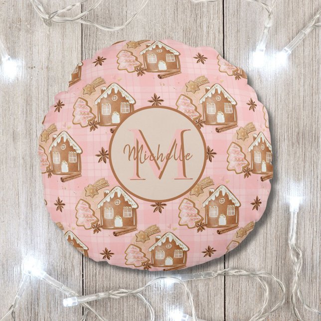 Christmas Brown Gingerbread House Pink Karierte Bä Rundes Kissen (Von Creator hochgeladen)