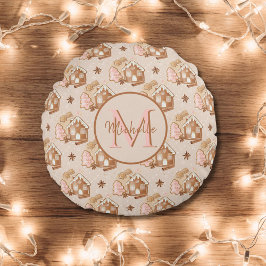 Christmas Brown Gingerbread House Pink Trees Rundes Kissen