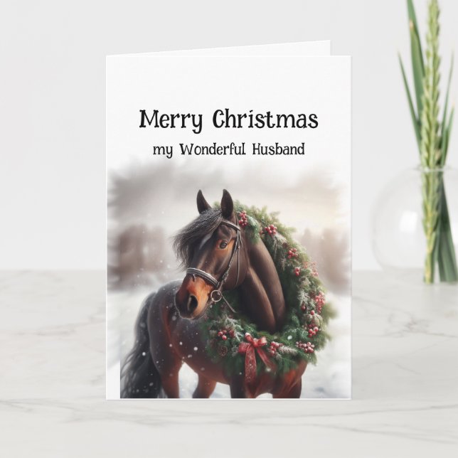 Christmas Brown Horse Wunderschöner Husband Kranz Karte (Vorderseite)