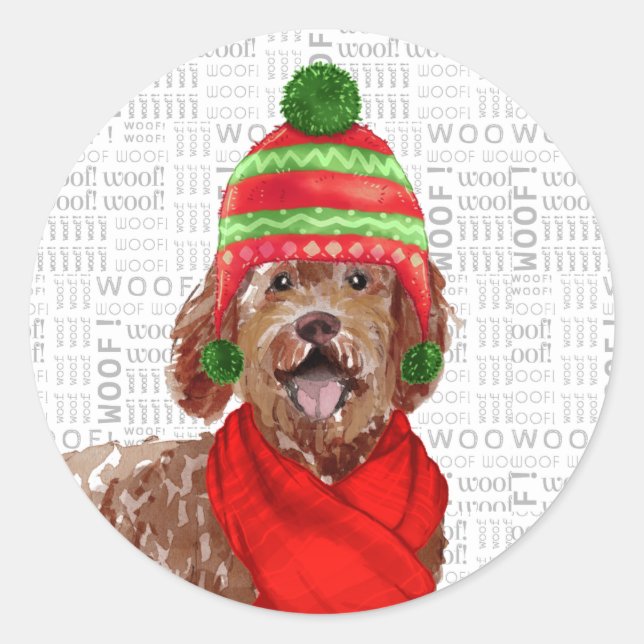 Christmas Brown Labradoodle und Woof Art Hund Love Runder Aufkleber (Vorderseite)
