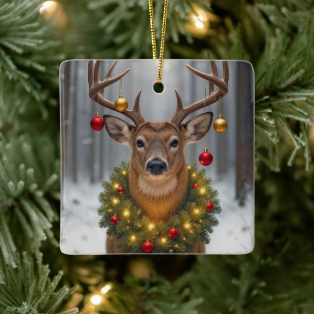 Christmas Buck Wearing a Glowing Wreath Keramikornament (Baum)