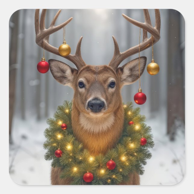 Christmas Buck Wearing a Glowing Wreath Quadratischer Aufkleber (Vorderseite)