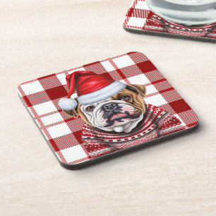 Christmas Bulldog Red Kariert Holiday Getränkeuntersetzer