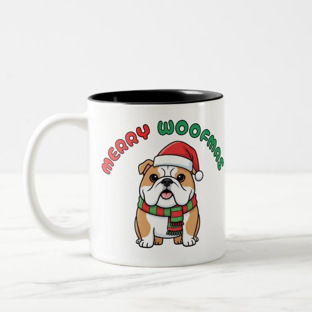 Christmas Bulldog Tasse: Frohe Woofmas Zweifarbige Tasse (Links)