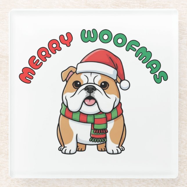 Christmas Bulldog Untersetzer: Frohe Woofmas Glasuntersetzer (Vorderseite)