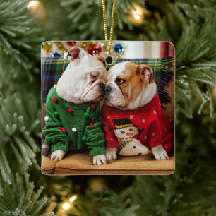 Christmas Bulldogs in Sweaters Keramikornament