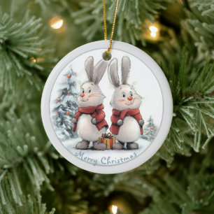 Christmas Bunny and gift Keramik Ornament