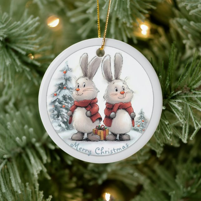 Christmas Bunny and gift Keramik Ornament (Baum)