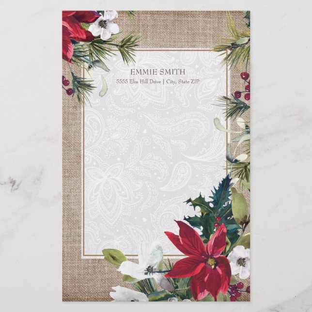 Christmas Burlap Lace Poinsettias Green Blätter Briefpapier (Vorderseite)