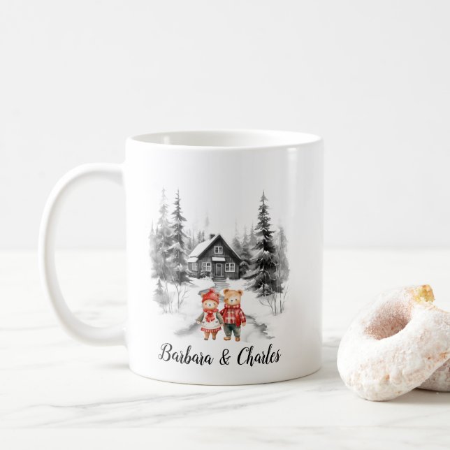 Christmas Cabin Woods neu verheiratetes Paar Minim Kaffeetasse (Mit Donut)
