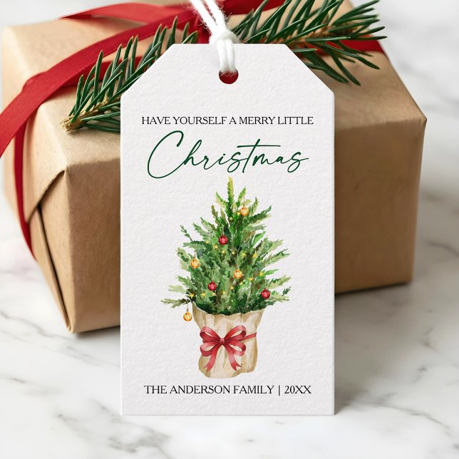 Christmas Calligraphy Ink Watercolor Pine Red Bow Geschenkanhänger (Customize to add more text to back of tag.)