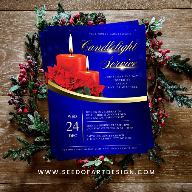 Christmas Candlelight Poinsettia Blue Church Flyer (Von Creator hochgeladen)