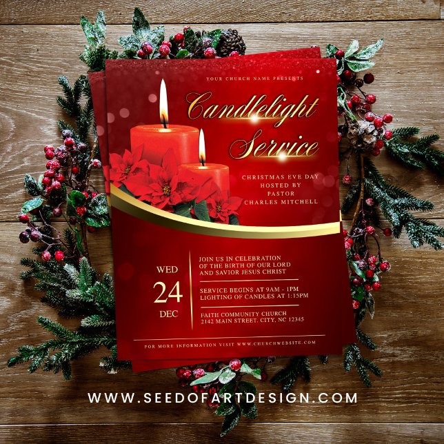 Christmas Candlelight Poinsettia Red Church Flyer (Von Creator hochgeladen)