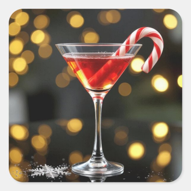 Christmas Candy Cane In a Cocktail Quadratischer Aufkleber (Vorderseite)