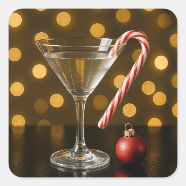 Christmas Candy Cane On a Martini Glass Quadratischer Aufkleber (Vorderseite)