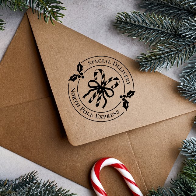 Christmas Candy Cane Wood Art Stamp Gummistempel (Stamp on brown kraft envelope)