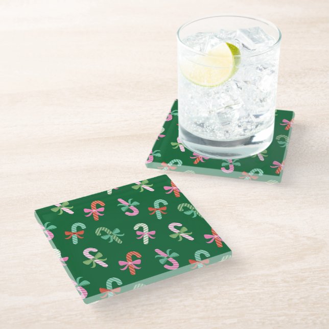 Christmas Candy Canes with Bows - Green Coaster Glasuntersetzer (Schrägansicht)