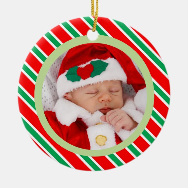 Christmas Candy Stripes Gerahmtes Baby Foto Keramik Ornament (Vorne)