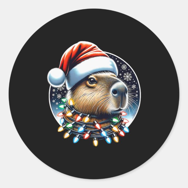 Christmas Capybara Santa Hat Xmas Lights Men Women Runder Aufkleber (Vorderseite)