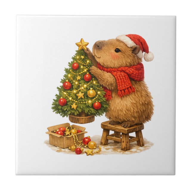 Christmas Capybara schmückt Baum Fliese (Vorderseite)