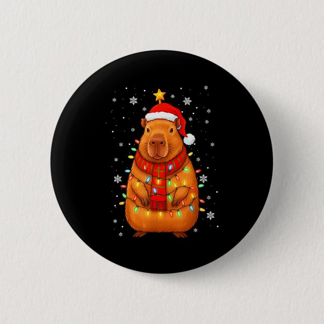 Christmas Capybara With Santa Hat Xmas Lights Tree Button (Vorderseite)