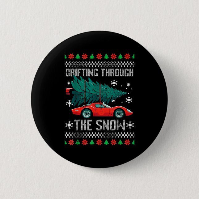 Christmas Car Drifting Through Snow Ugly Xmas Men  Button (Vorderseite)