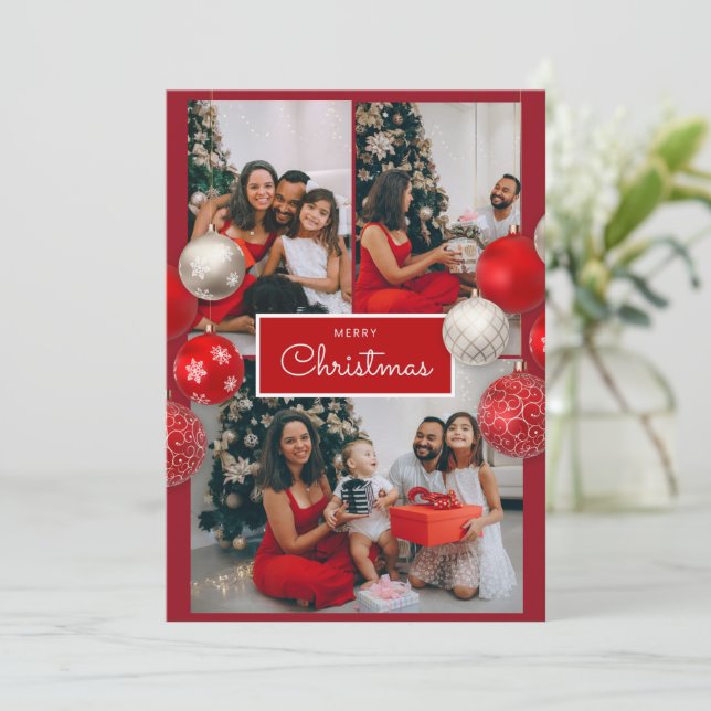 Christmas Card – Red Bow, 4 Photo, Personalized Dankeskarte (Stehend Vorderseite)