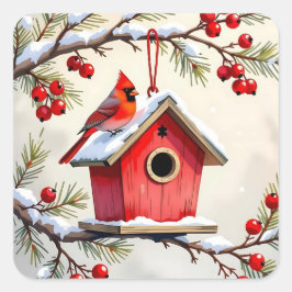 Christmas Cardinal Birdhouse snowy pine branch Quadratischer Aufkleber