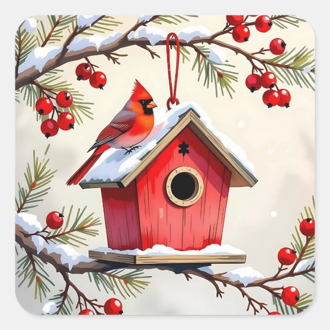 Christmas Cardinal Birdhouse snowy pine branch  Quadratischer Aufkleber (Vorderseite)