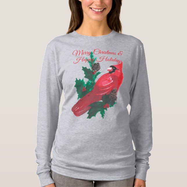 Christmas Cardinal Holly & Berries Long Sleeve Tee (Vorderseite)