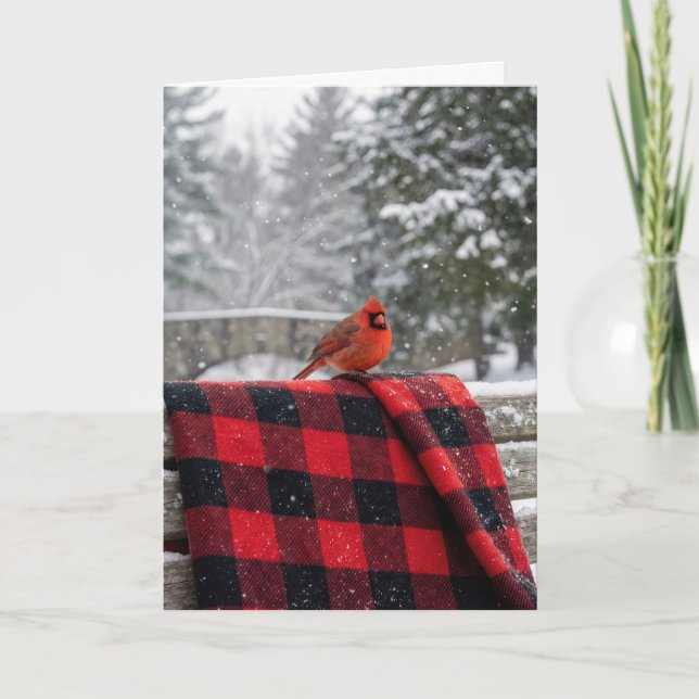 Christmas Cardinal On a Buffalo Plaid Blanket Karte (Vorderseite)