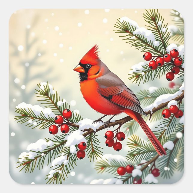 Christmas Cardinal on snowy pine branch  Quadratischer Aufkleber (Vorderseite)