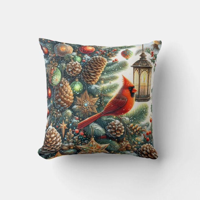 Christmas Cardinal with Pinecones and Lanterns Kissen (Vorderseite)